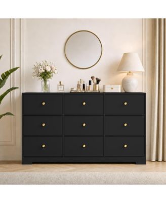 Wide Modern Chest Of Drawers, Spacious 9 Drawer Dresser With Round Metal Pull Handles, Functional Storage Cabinet For Bedroom Living Room