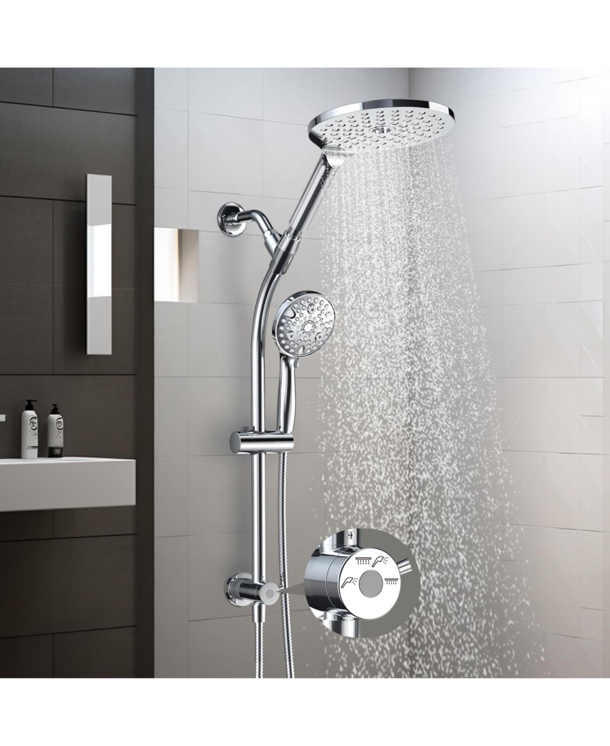 Cyqbd 7.5" Rotatable Dual Shower Head Handheld 3-Way Diverter Slide Bar Rainfall Spa