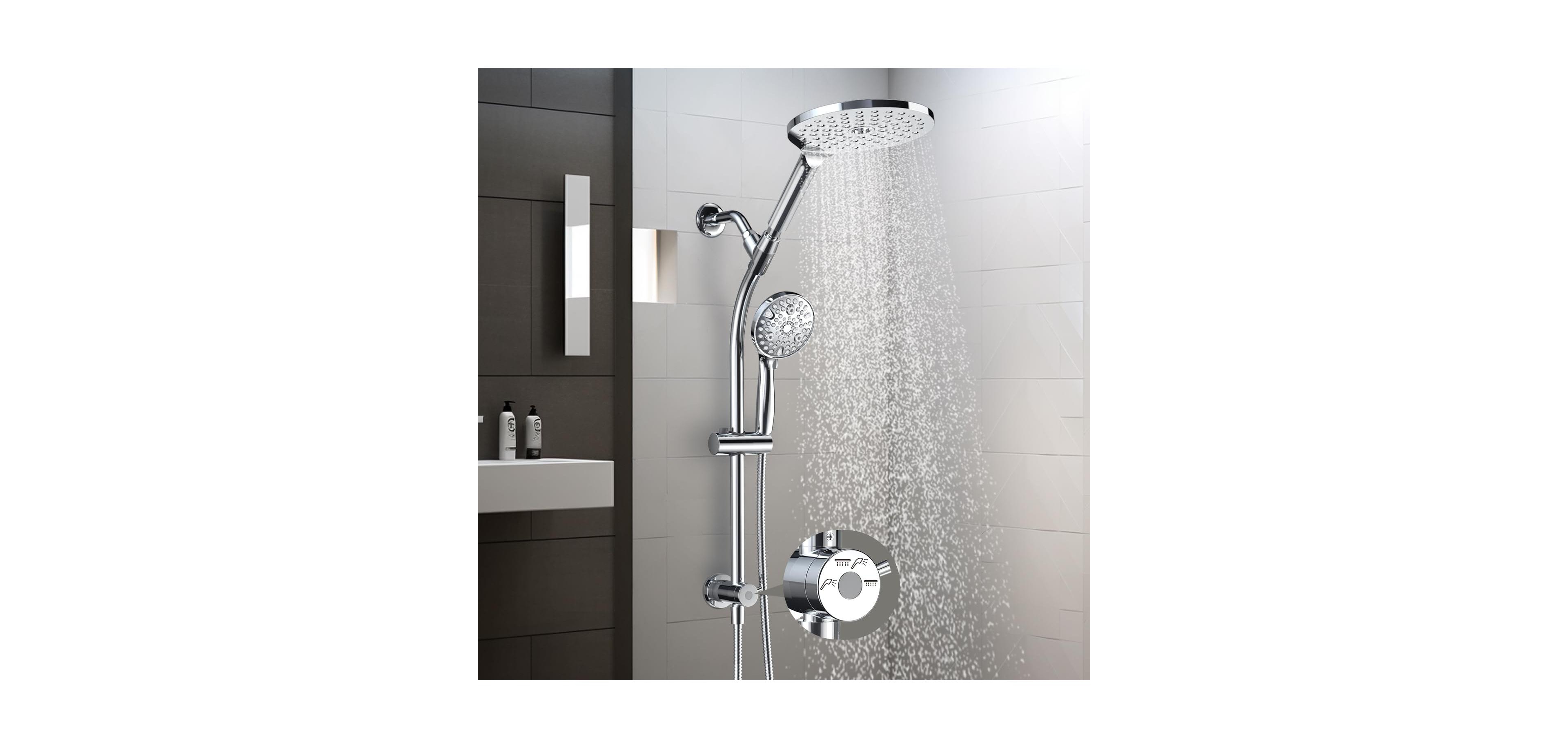 Cyqbd 7.5" Rotatable Dual Shower Head Handheld 3-Way Diverter Slide Bar Rainfall Spa