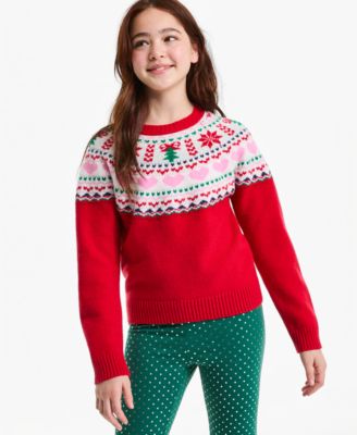 Girls' XS-XL Fair Isle Long-Sleeve Crewneck Sweater
