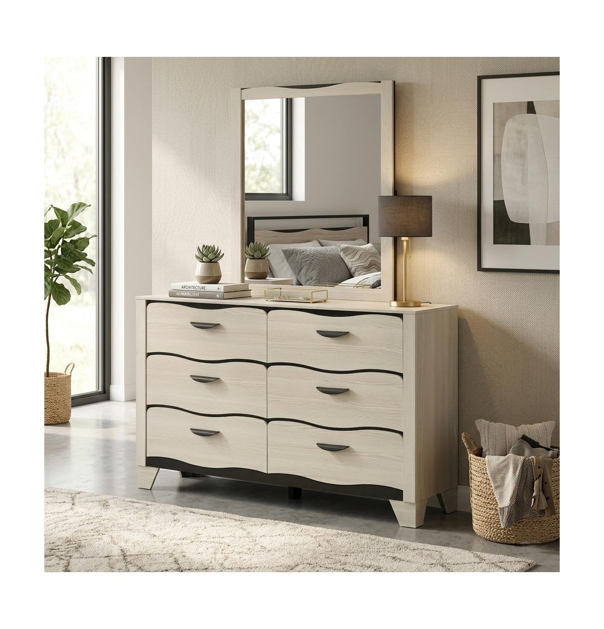 Kings Brand Furniture Engineered Wood and Contemporary Design Brielle 6-Drawer Dresser with Mirror