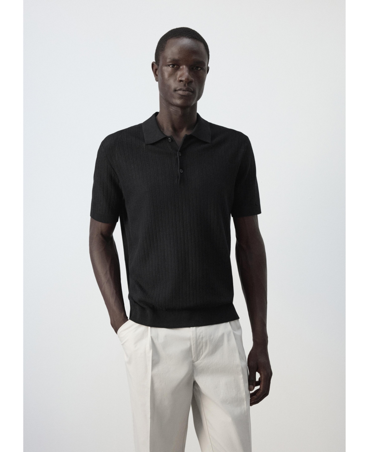 Mango Men's Fine Rib-Knit Regular-Fit Polo Shirt - Black