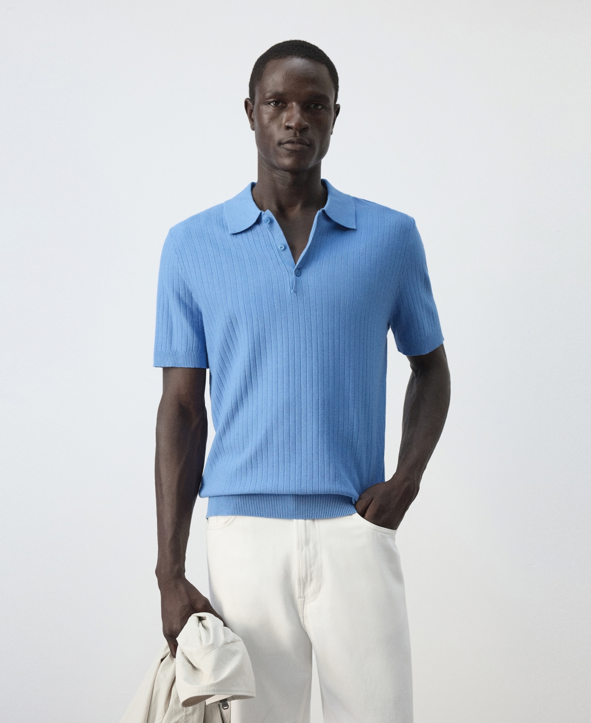 Mango Men's Fine Rib-Knit Regular-Fit Polo Shirt