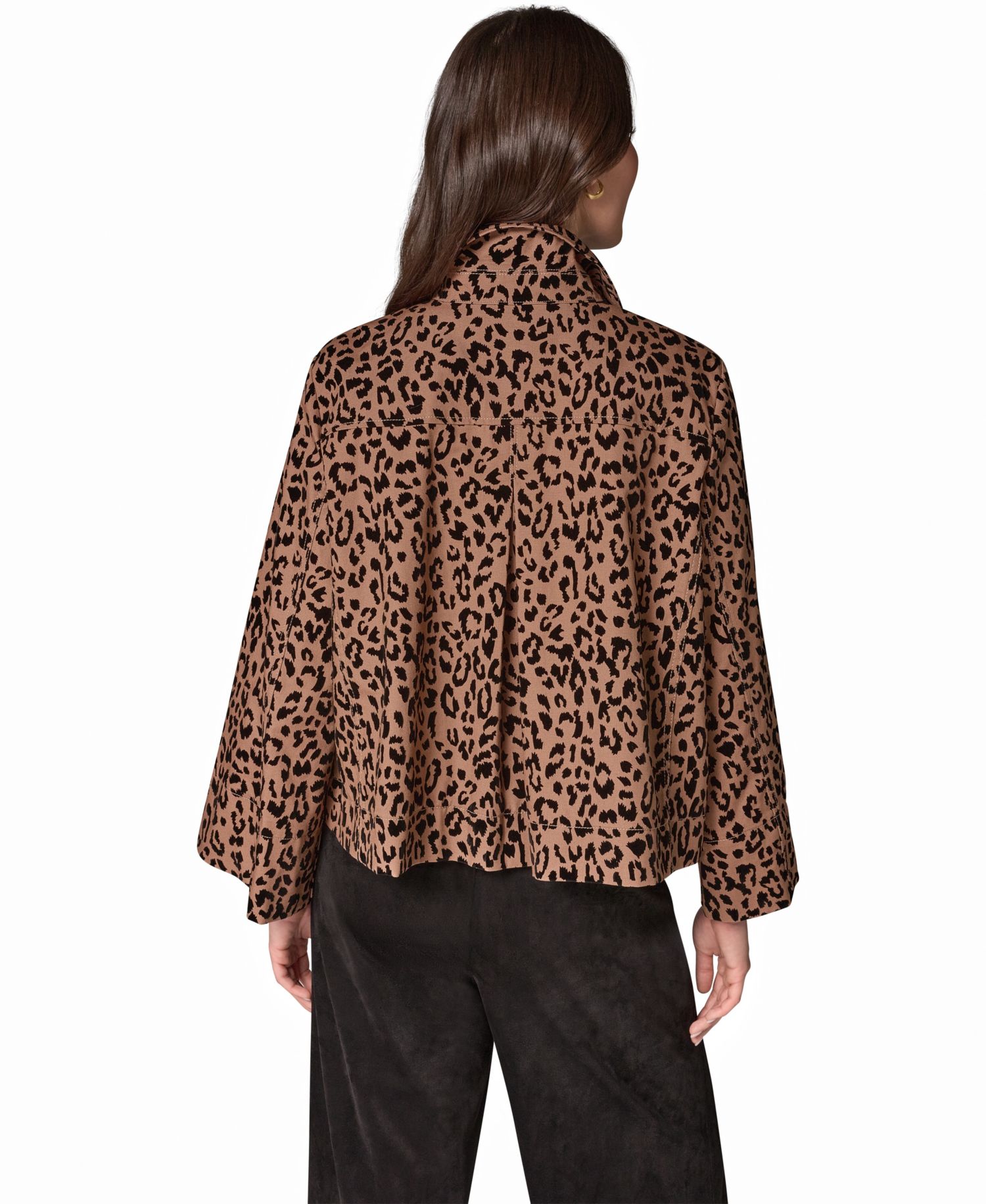 Women's Flocked Canvas Leopard-Print Bell-Sleeve Trapeze Jacket