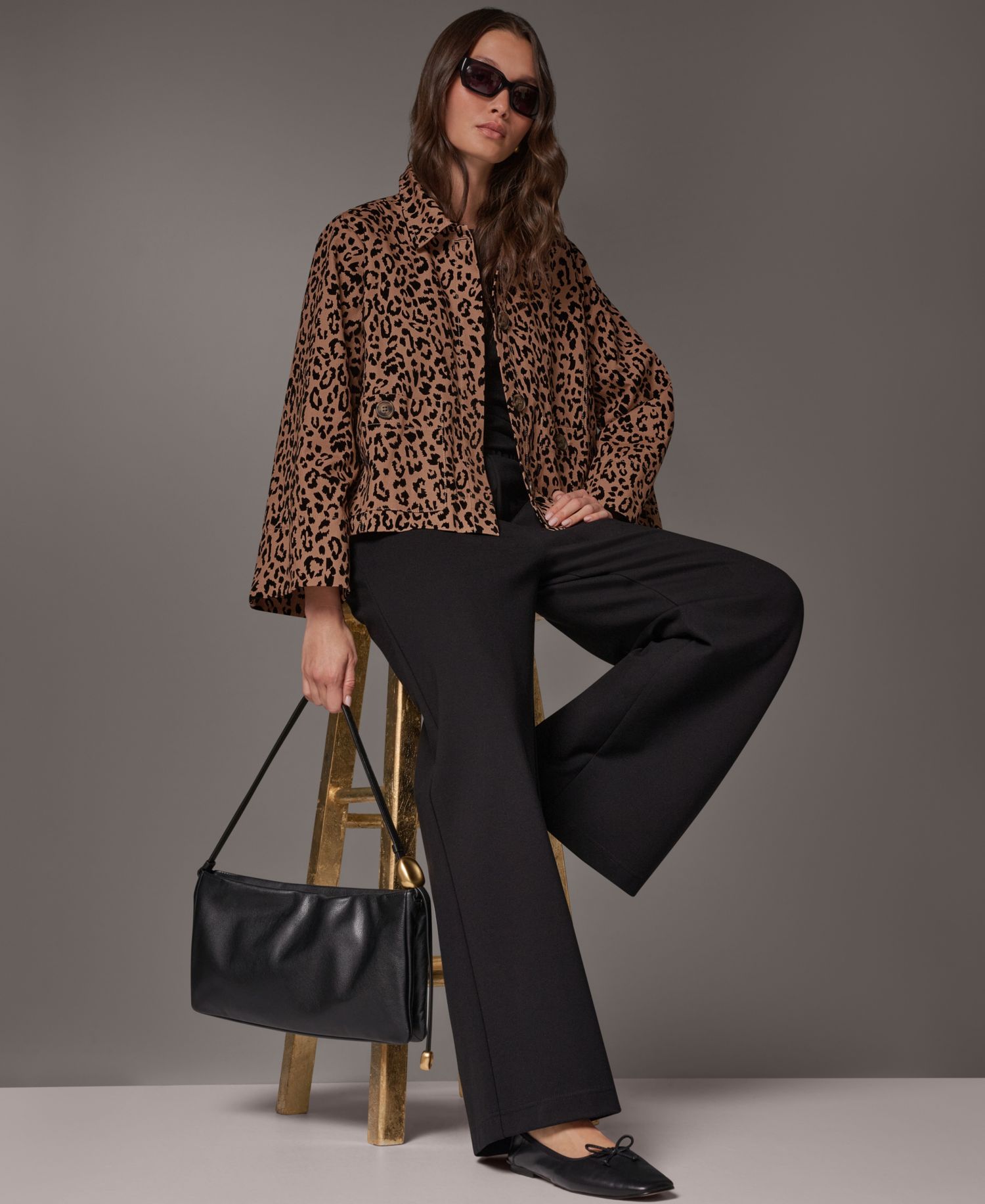 Women's Flocked Canvas Leopard-Print Bell-Sleeve Trapeze Jacket