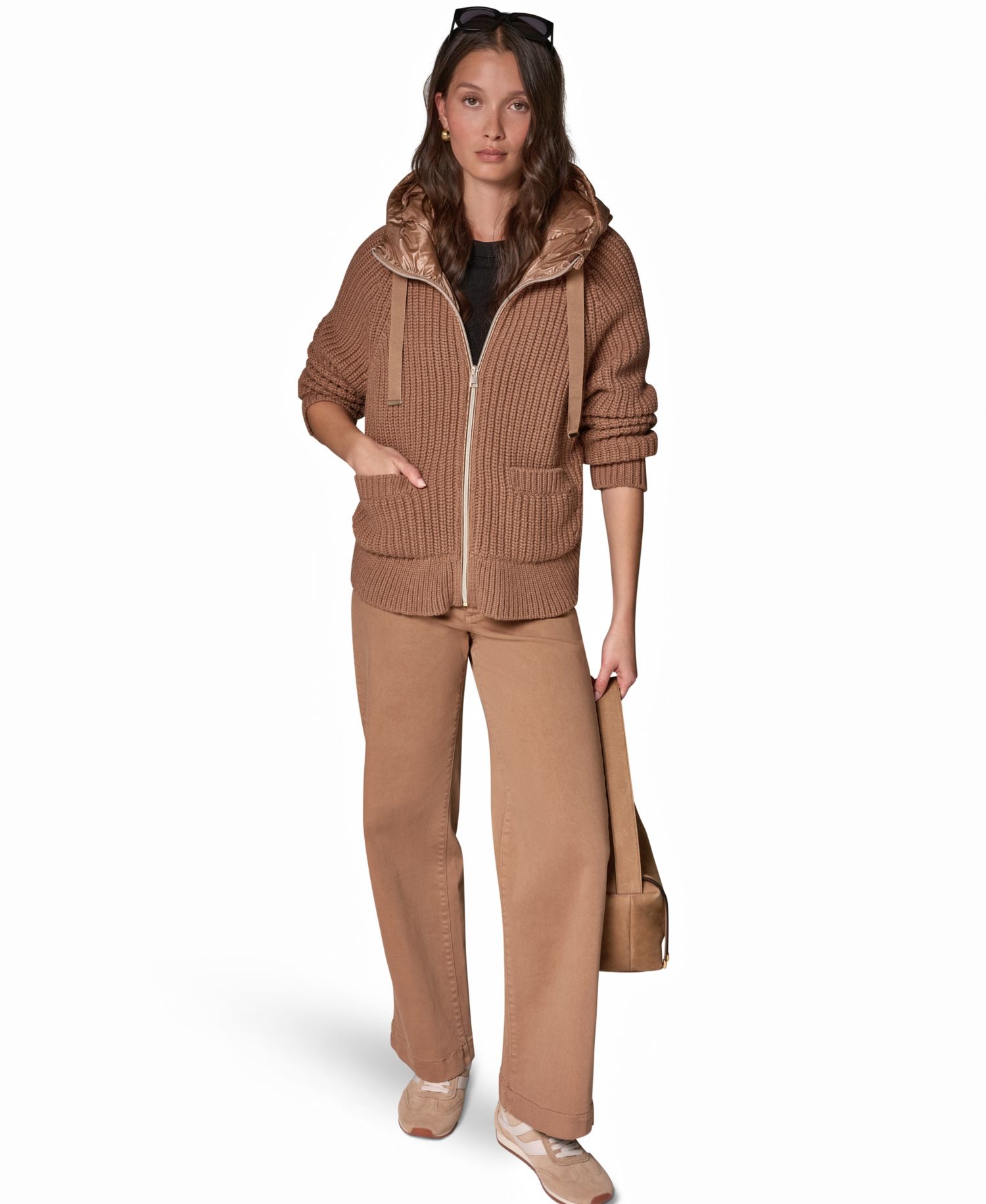 Women's Wool-Blend Hooded Mixed-Media Chunky Jacket