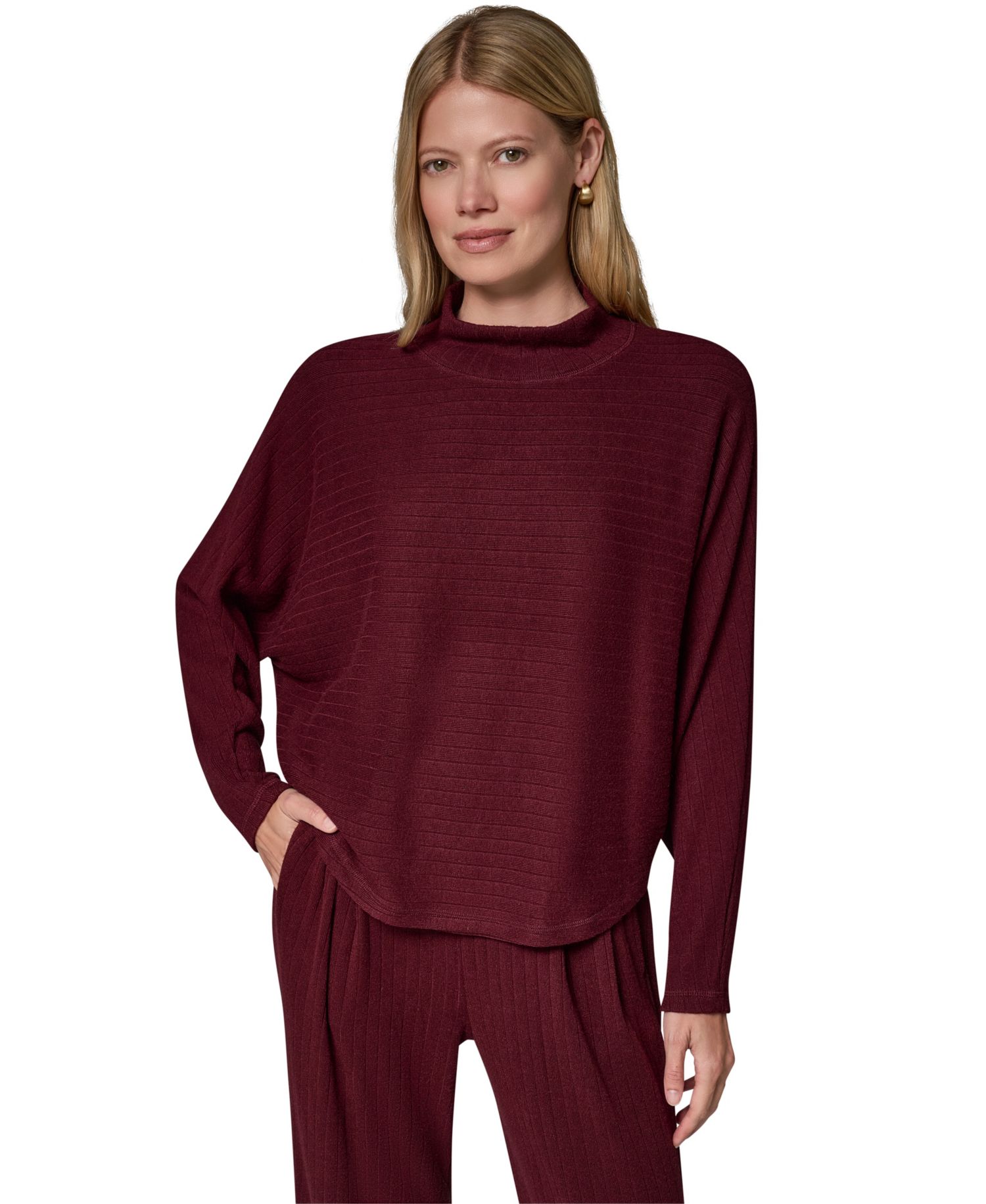 Women's Brushed-Rib Dolman-Sleeve Mock Neck Pullover Top