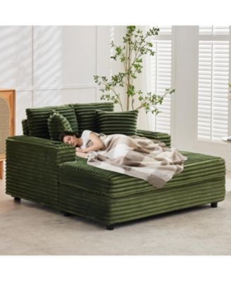 60" Oversized Corduroy Chaise Lounge Indoor, Sleeper Sofa with Charging Station, Cup Holders and Pillows for Living Room Apartment