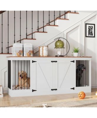 70.8" Large Dog Crate Furniture - Farmhouse TV Stand  Steel Bars and 2 Lockable Doors for 2 Dogs