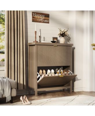 Striped freestanding entryway shoe cabinet with double-layer flip drawers, adjustable shelves and dust-proof back panel
