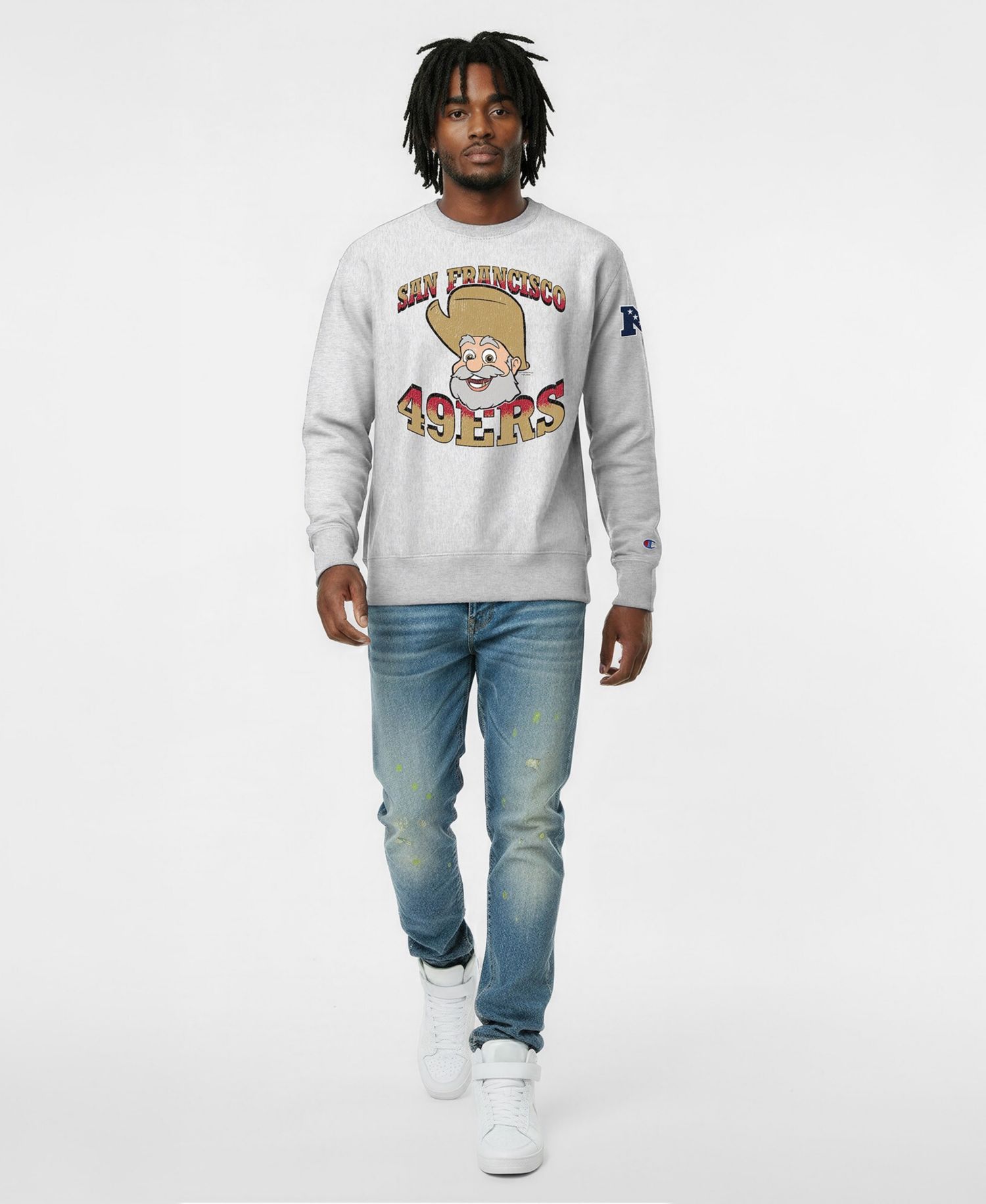 Men's Silver San Francisco 49ers Disney X Champion Reverse Weave Fleece Crewneck Sweatshirt