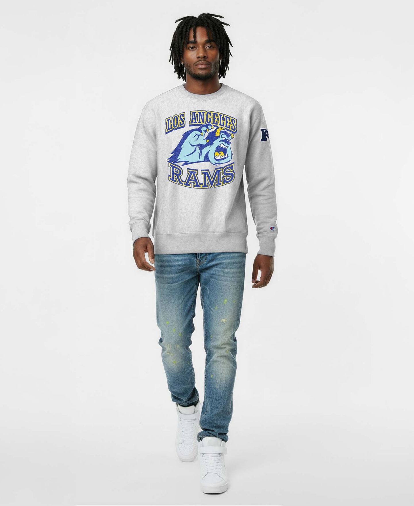 Мужская толстовка Champion Silver Los Angeles Rams Disney X Champion Reverse Weave Fleece Crewneck — фото 4