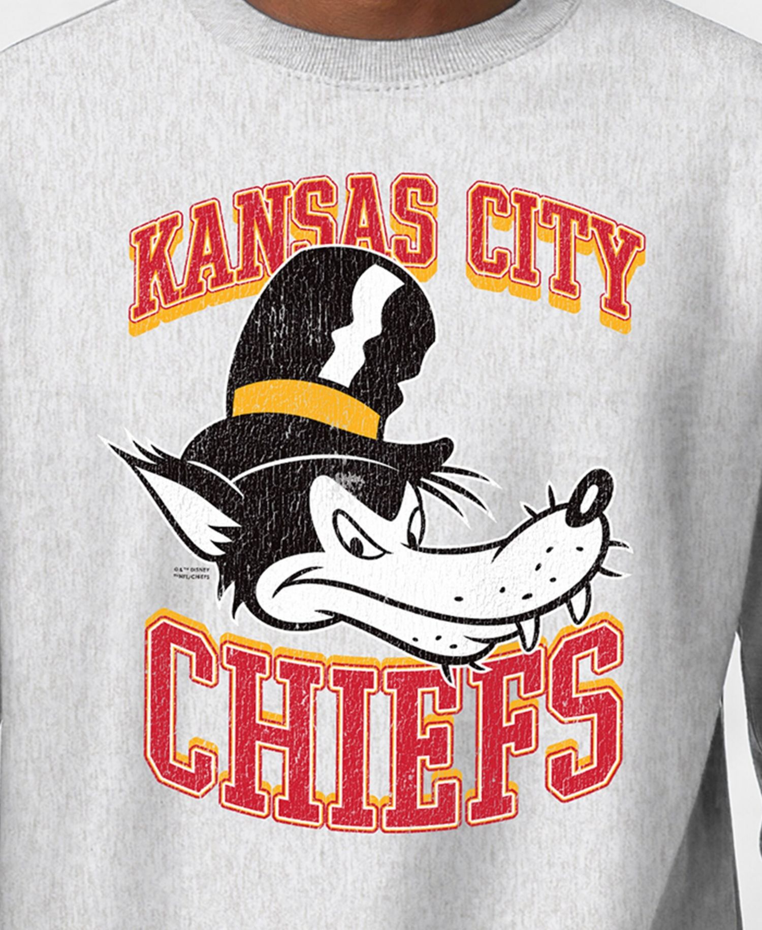 Men's Silver Kansas City Chiefs Disney X Champion Reverse Weave Fleece Crewneck Sweatshirt