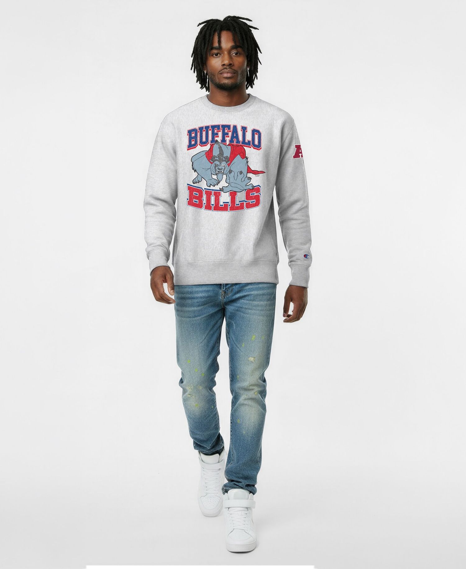 Men's Silver Buffalo Bills Disney X Champion Reverse Weave Fleece Crewneck Sweatshirt