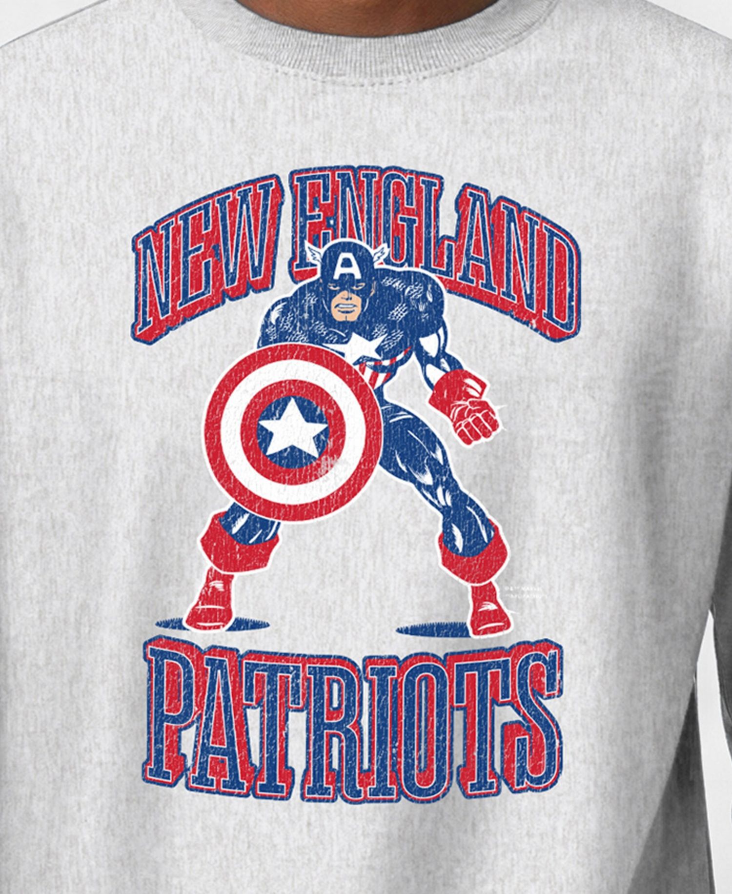 Men's Silver New England Patriots Disney X Champion Reverse Weave Fleece Crewneck Sweatshirt