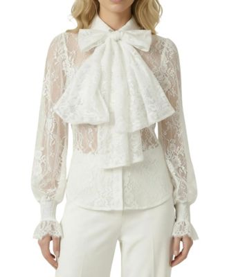Women's Sheer Floral-Print Long-Sleeve Lace Blouse
