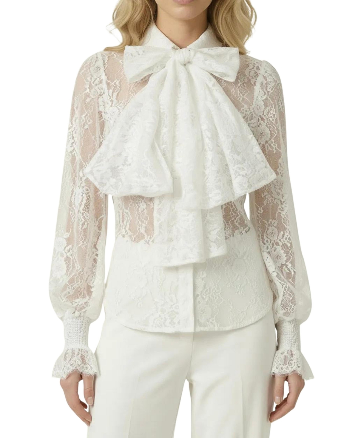 Modenaire Women's Sheer Floral-Print Long-Sleeve Lace Blouse