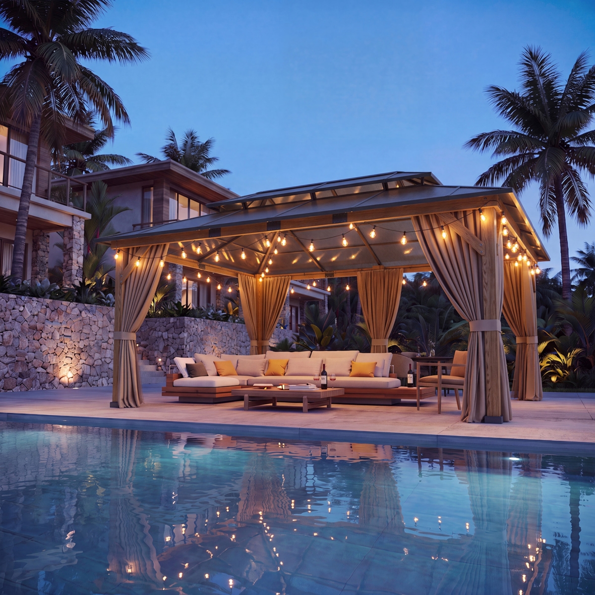 Aoxun Natural Wood Gazebo with Double Polycarbonate Roof