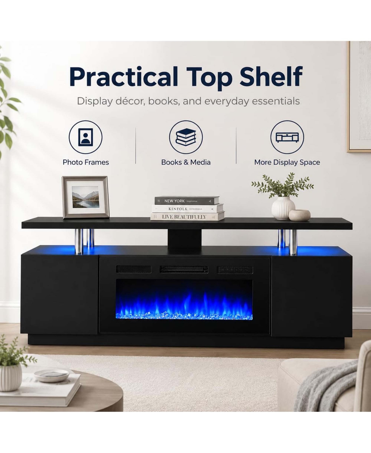 homfan 70 Inch Black Fireplace Tv Stand 36 Electric 2 Tier Media Console 12 Flame Colors 750W 1500W Heater Mdf Iron Glass