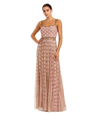 Petite Square Neck Sleeveless Embellished Evening Gown