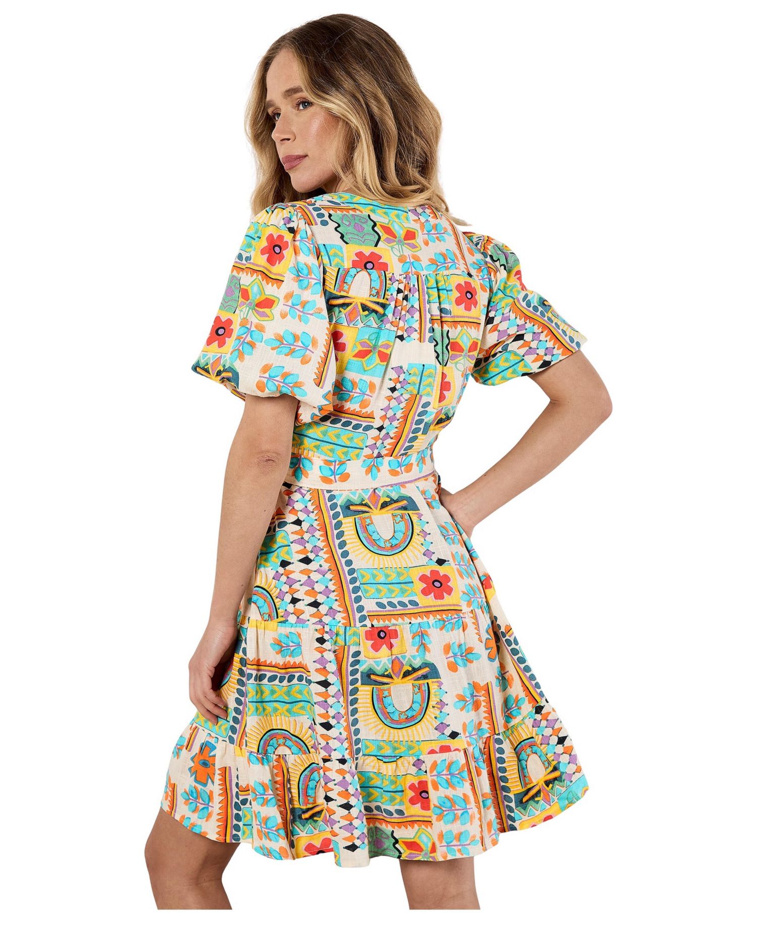 Women's Tropical Animation Puff-Sleeve Tropical-Print Tiered Mini Dress