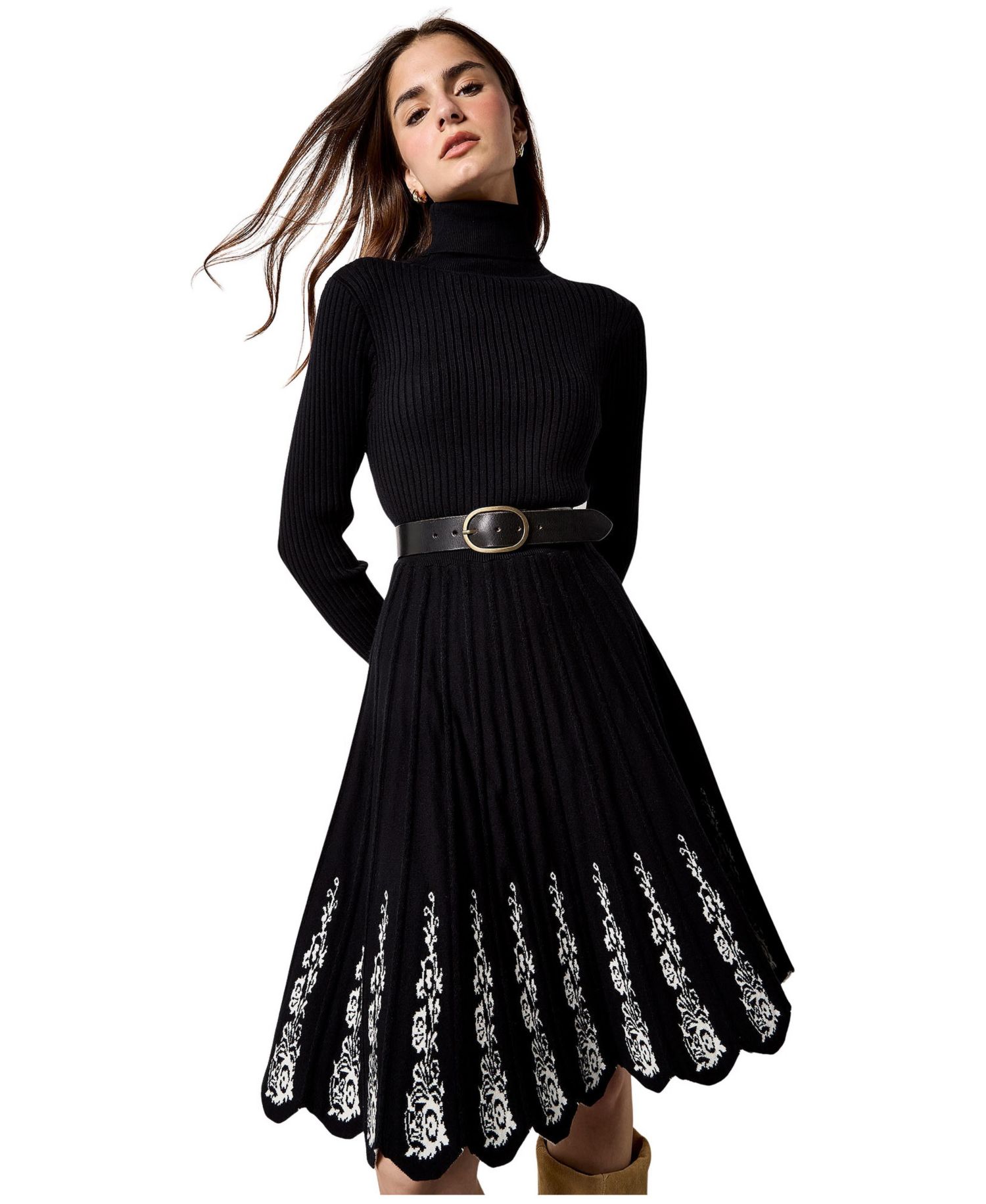 Women's High-Neck Lace Embroidery Fit & Flare Dress