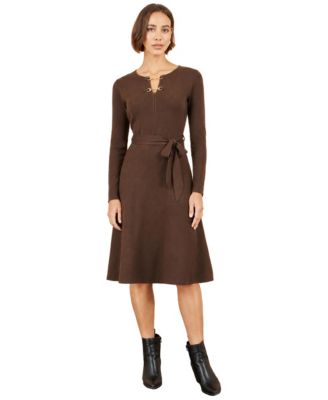 Women's Knitted Skater Long-Sleeve Keyhole Neck Midi Dress