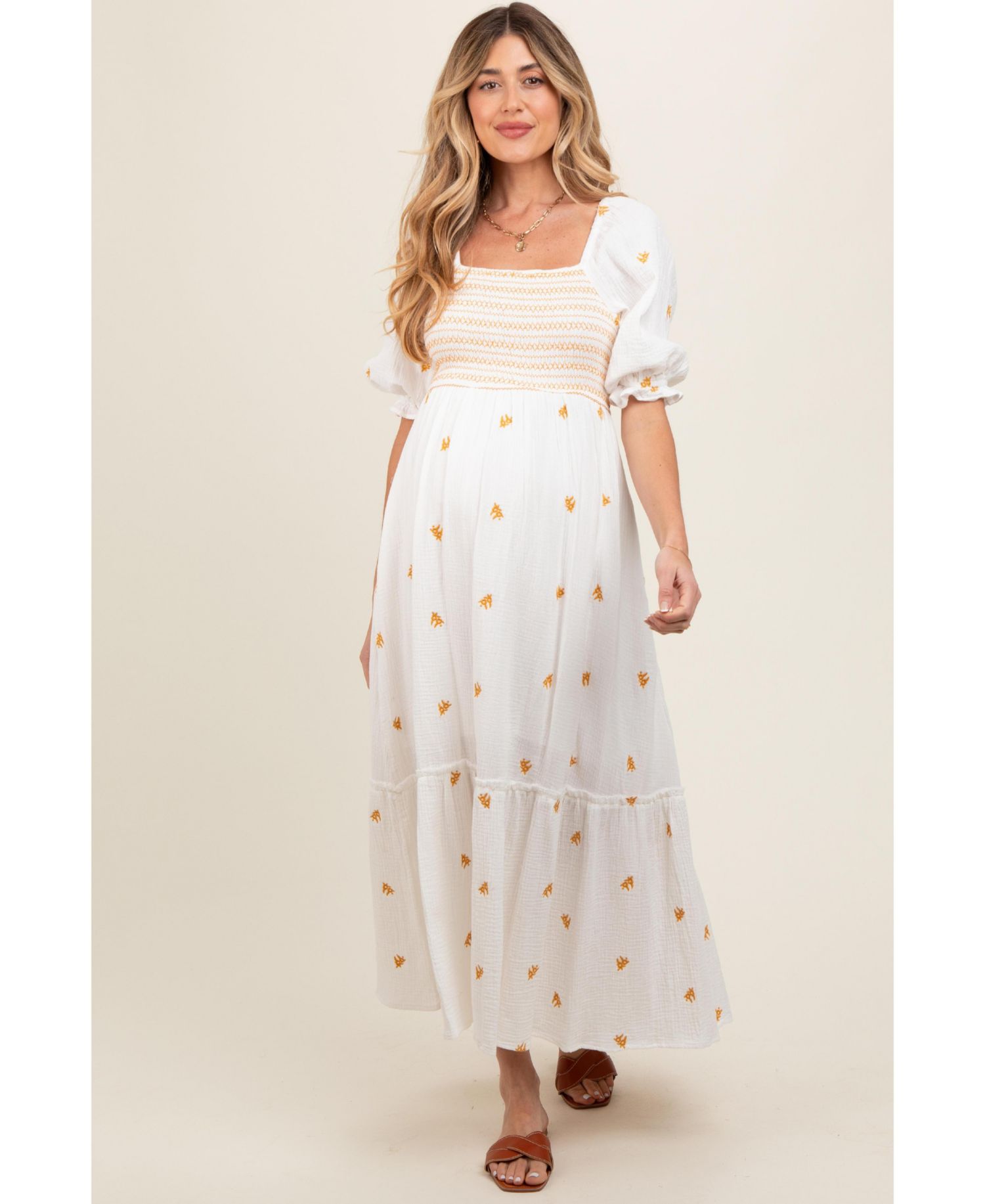 Women's Ivory Gauze Smocked Embroidered Square Neck Midi Dress