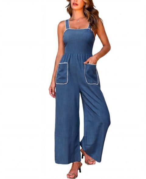 Женский комбинезон Cupshe Ric Rac Trim Square Neck Wide-Leg Jumpsuit, цвет: Синий