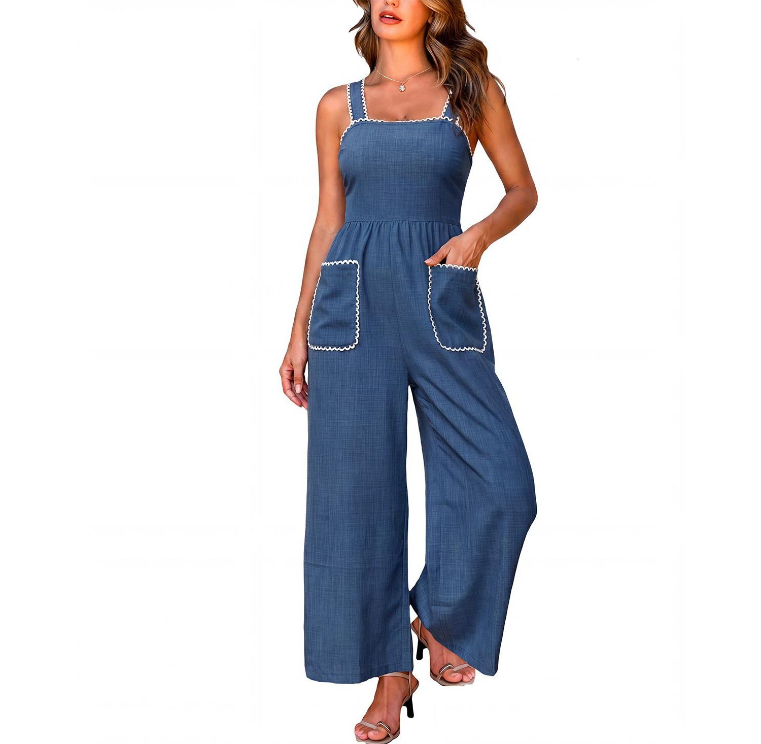 Women's Ric Rac Trim Square Neck Wide-Leg Jumpsuit