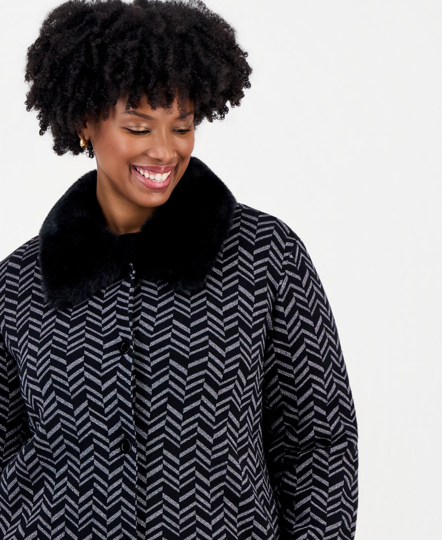 Plus Size Faux Fur Collar Herringbone Cardigan