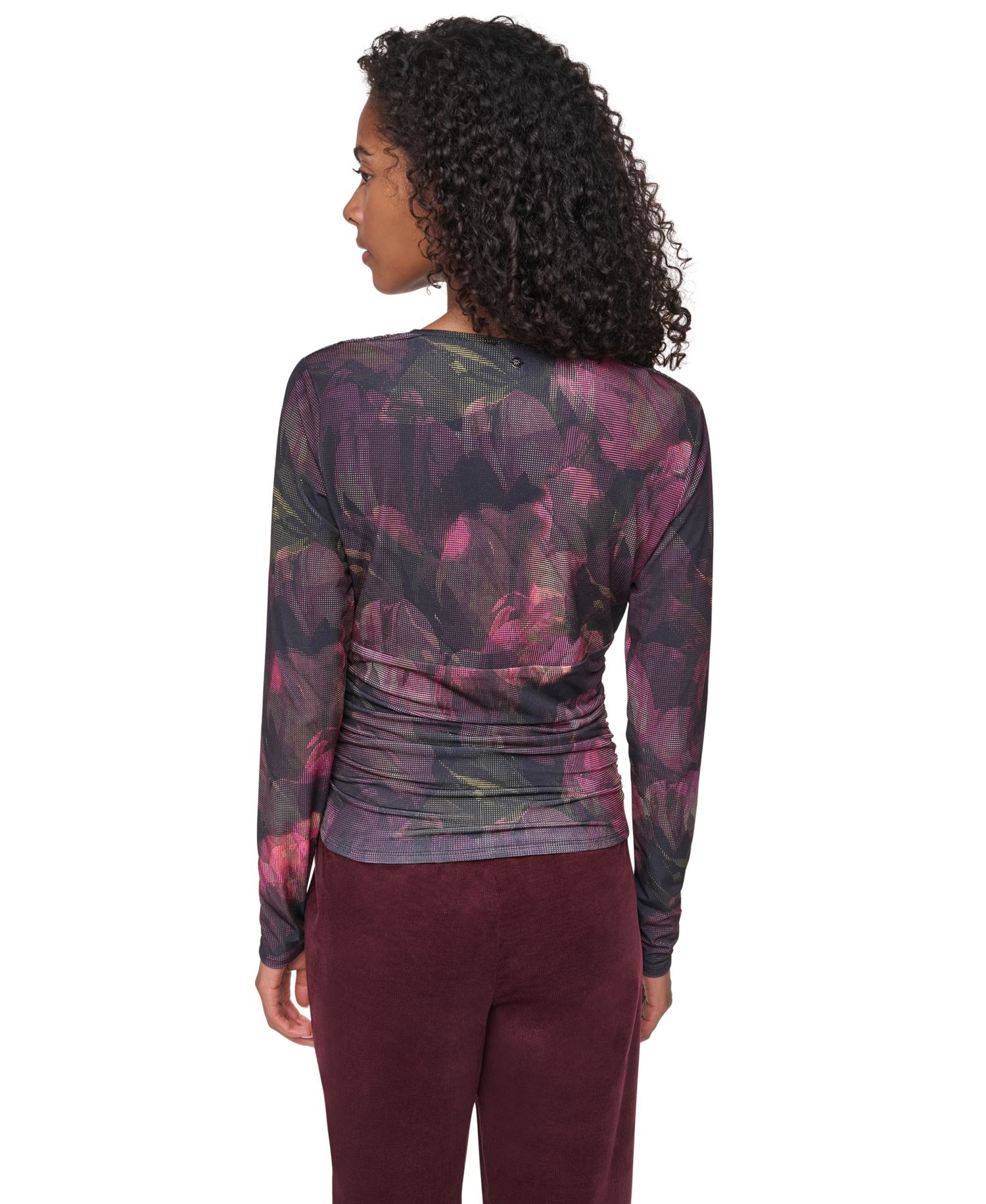 Women's Floral-Print Ruched Long-Sleeve V-Neck Blouse