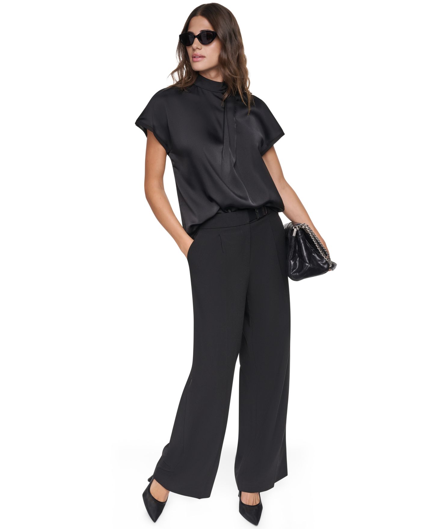 Женская блузка DKNY Short-Sleeve Mock-Neck Satin Blouse, цвет: Чёрный — фото 7