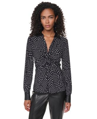 Women's Long-Sleeve Twist-Front Polka-Dots Blouse
