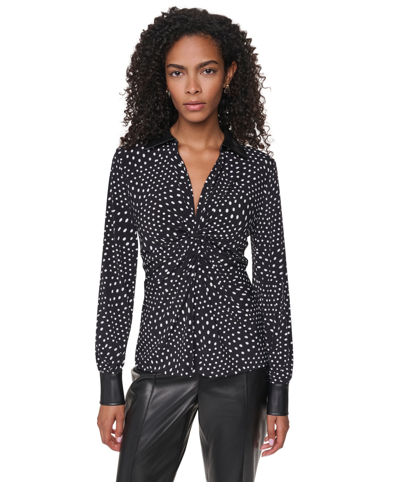 Women's Long-Sleeve Twist-Front Polka-Dots Blouse