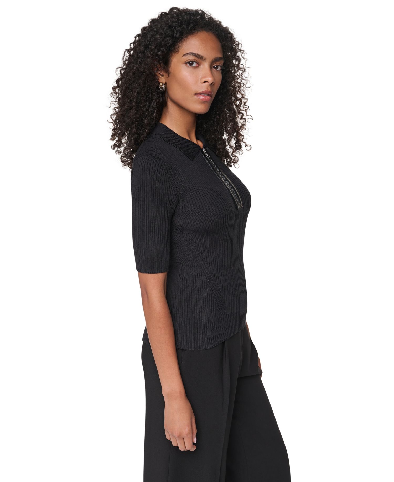 Women's Polo Short-Sleeve Ribbed-Knit Zip-Front Top