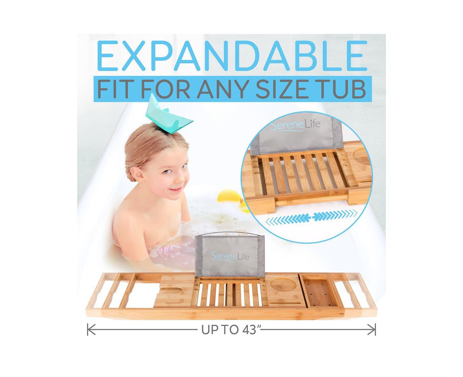 Toddler Luxury Bamboo Bathtub Caddy Tray, Adjustable Bath Organizer With Wine Holder and Phone Slot