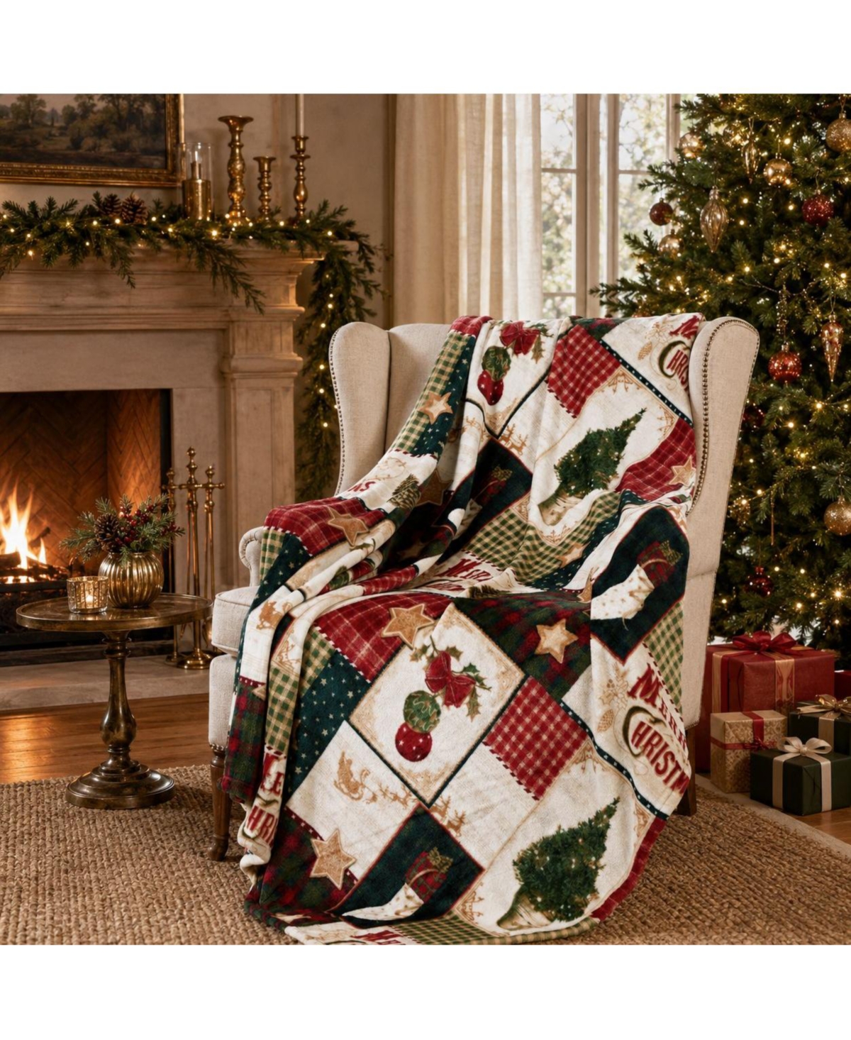 Kate Aurora Ultra Plush Merry Christmas Plaid Farmhouse Hypoallergenic Fleece Throw Blanket