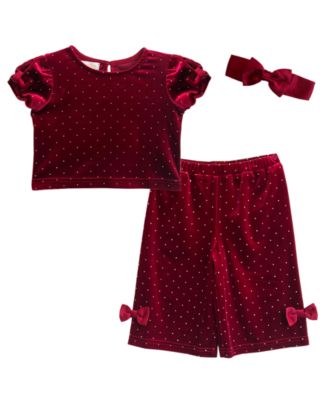 Baby Girls' Velvet Puff-Sleeve Embellished Top, Shorts and Hairbow, 3-Piece Set
