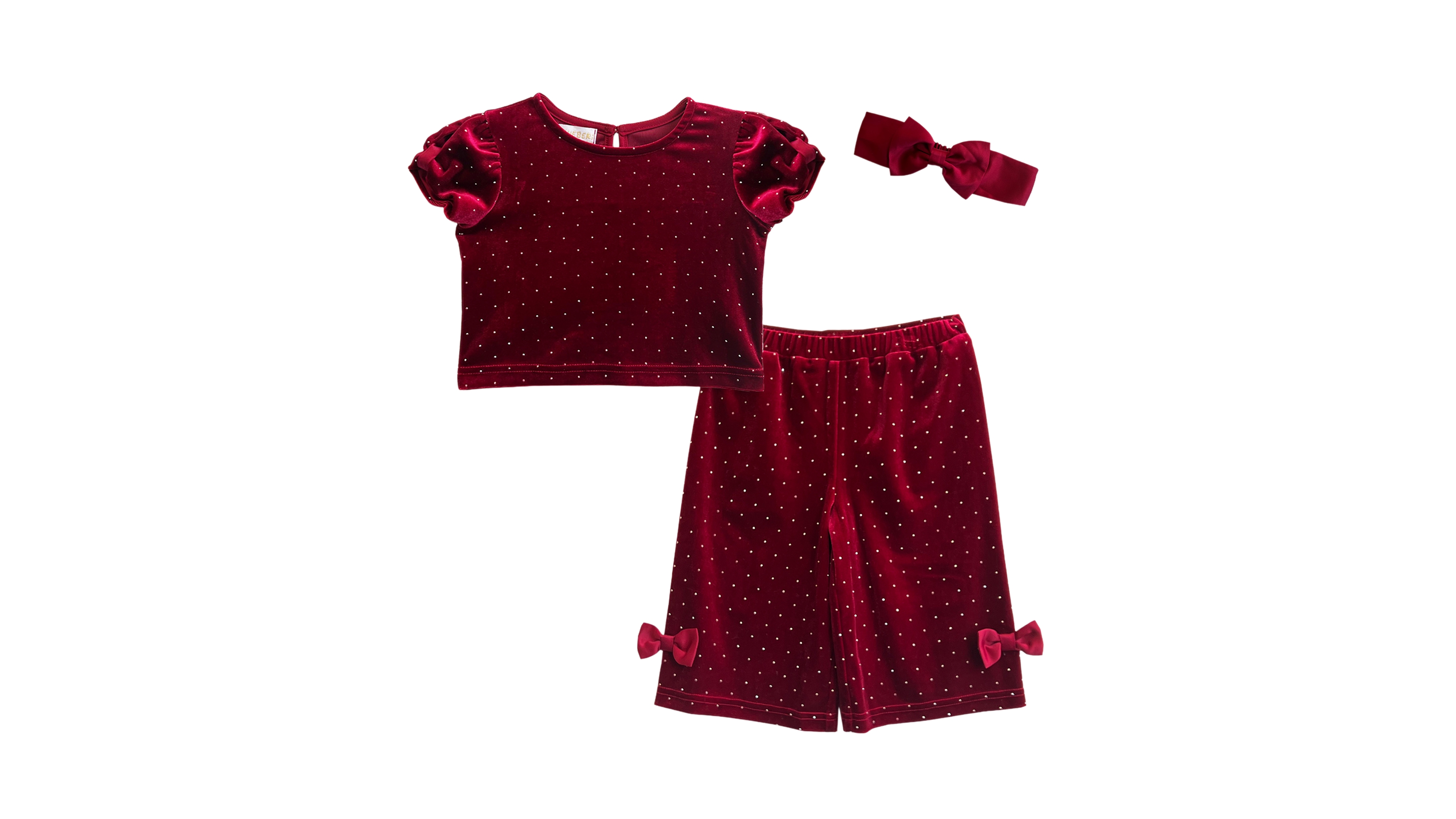 Blueberi Boulevard Baby Girls' Velvet Puff-Sleeve Embellished Top, Shorts and Hairbow, 3-Piece Set