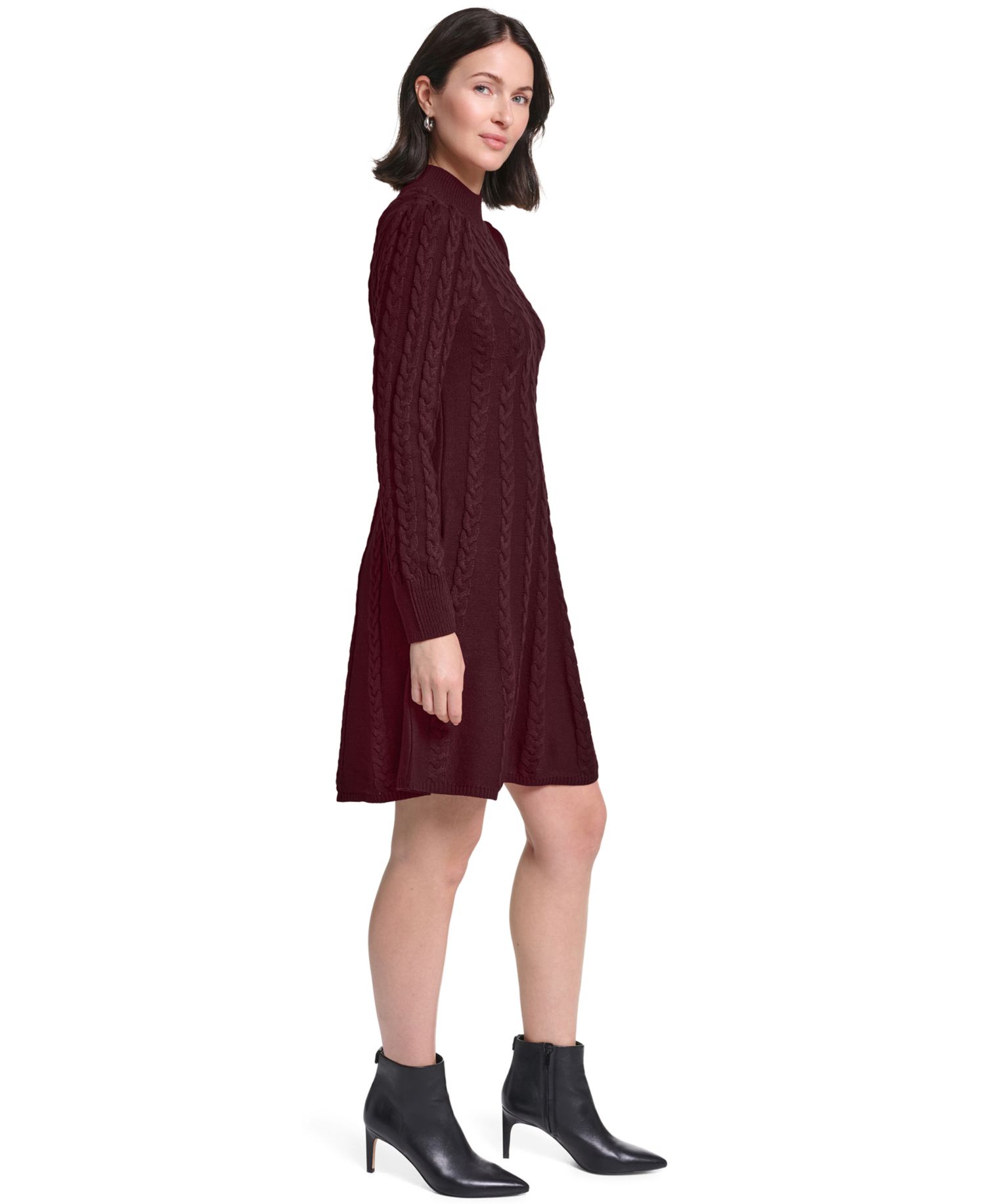 Women's Long-Sleeve Cable Fit & Flare Mock Neck Knee Length Dress