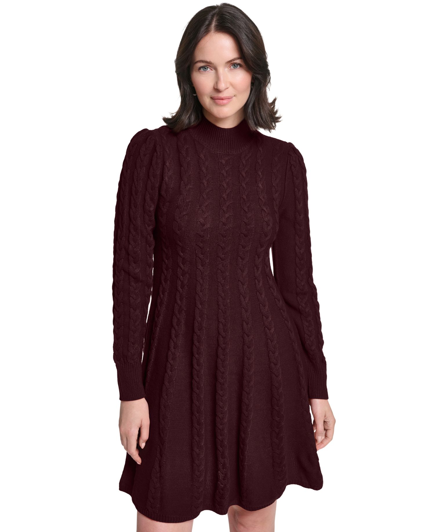 Women's Long-Sleeve Cable Fit & Flare Mock Neck Knee Length Dress