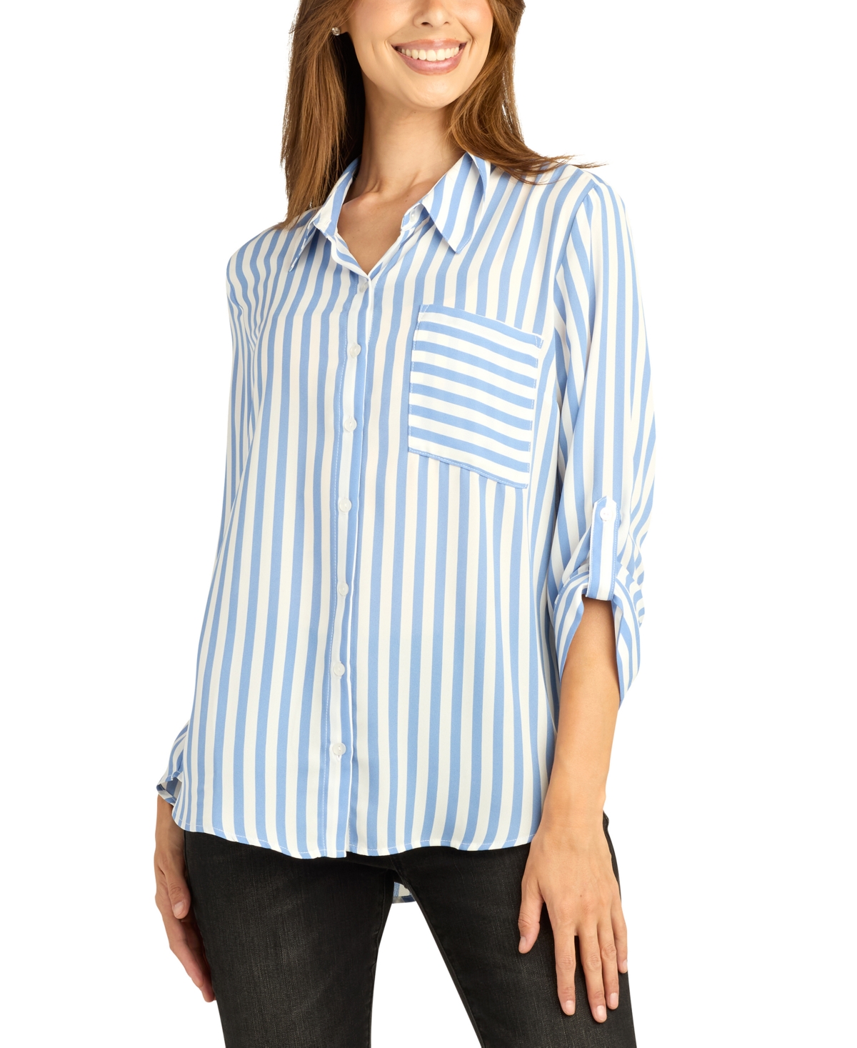 Bcx Juniors' Striped Roll-Tab Long-Sleeve Button-Up Top