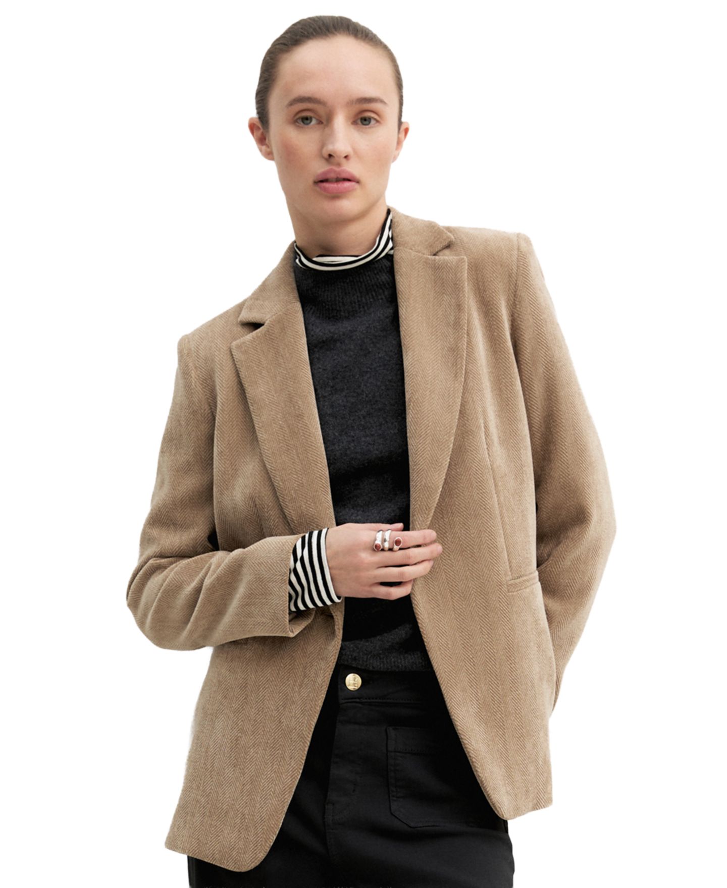 Женский пиджак Emme Marella Stretch Herringbone-Patterned Boyfriend Blazer, цвет: Бежевый — фото 1