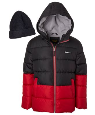 Toddler Boys' 2T-5T Hooded Colorblock Fleece-Lined Puffer Jacket and Sweater Knit Hat, 2-Piece Set