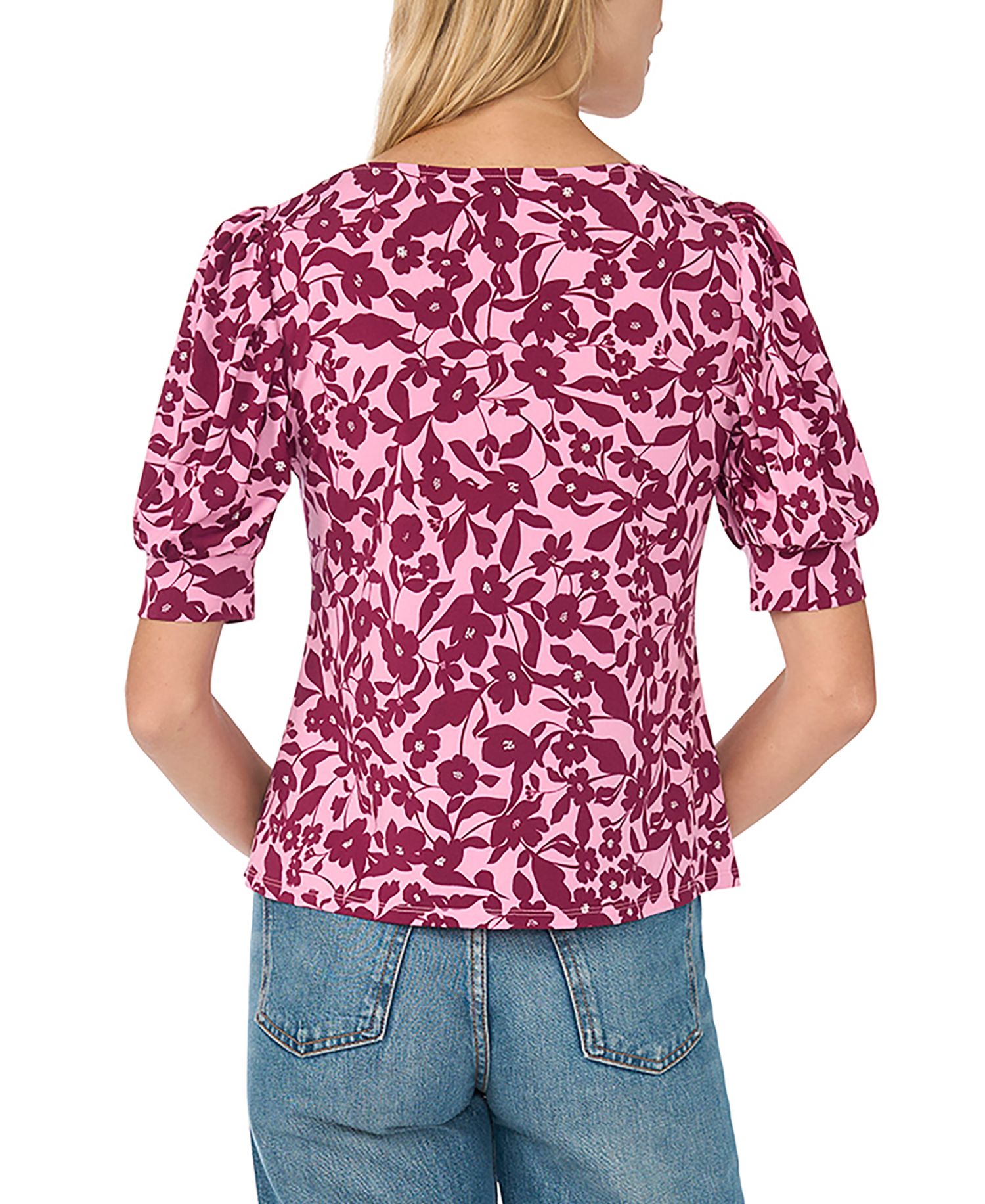 Women's Floral-Print Shirred Short-Sleeve Crewneck Blouse