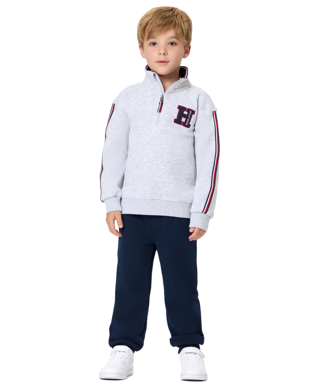 Tommy Hilfiger Toddler Boys' 2T-5T Quarter Zip Fleece Top and Pants, 2-Piece Set - Gray Heather/Navy