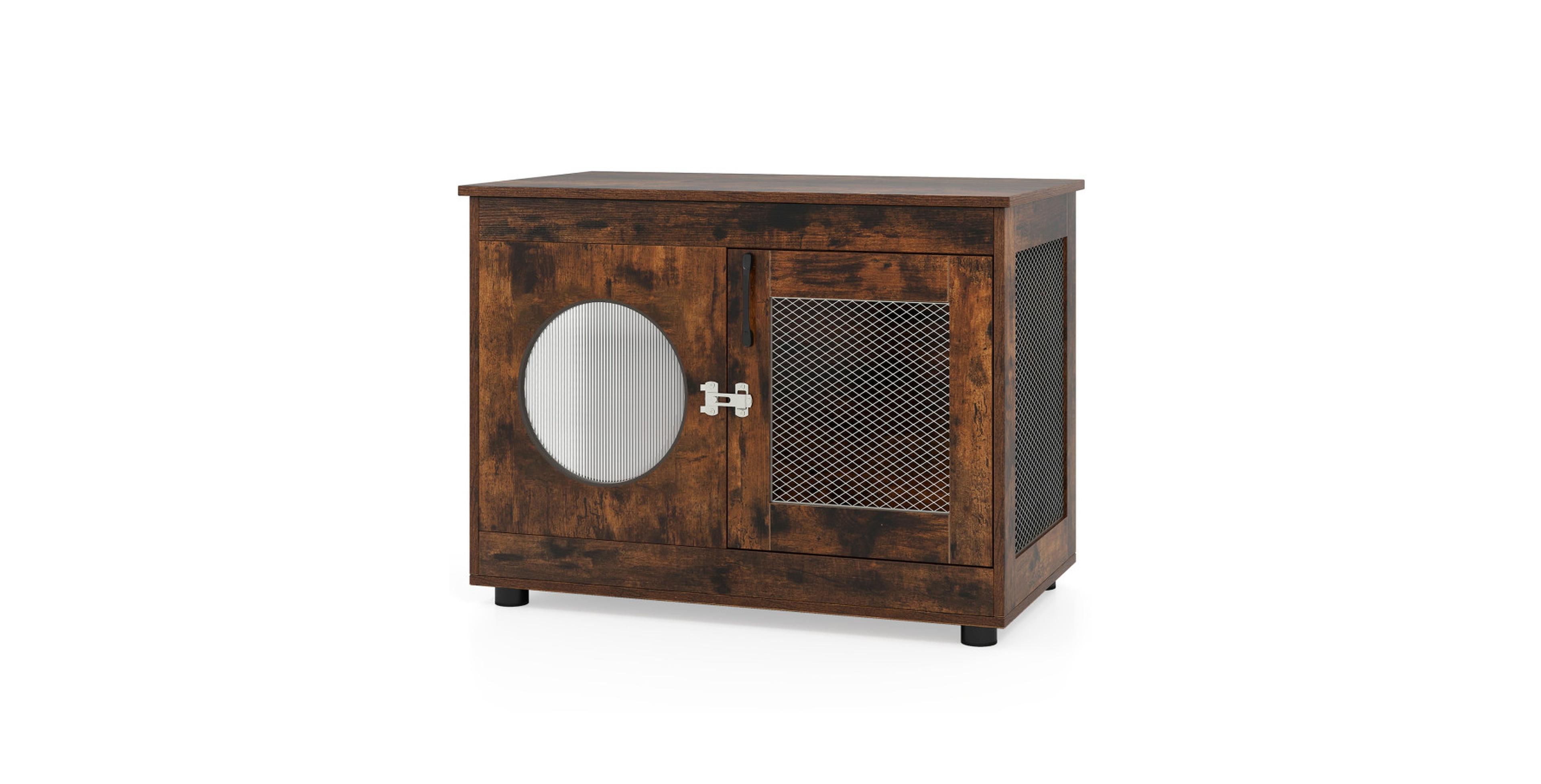 Sugift Furniture Style Dog Crate End Table with Translucent Window Lockable Door and Mesh Panels