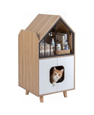 Double Cat Litter Box Enclosure with Scratching Pad Double Rooms for Indoor