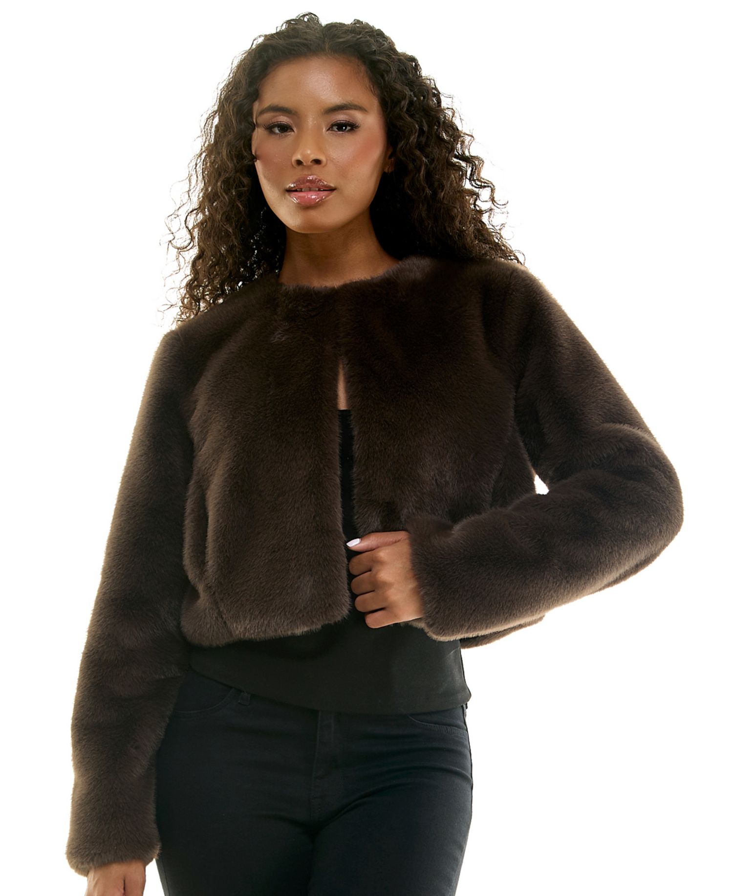 Juniors' Faux Fur Long-Sleeve Cropped Jacket